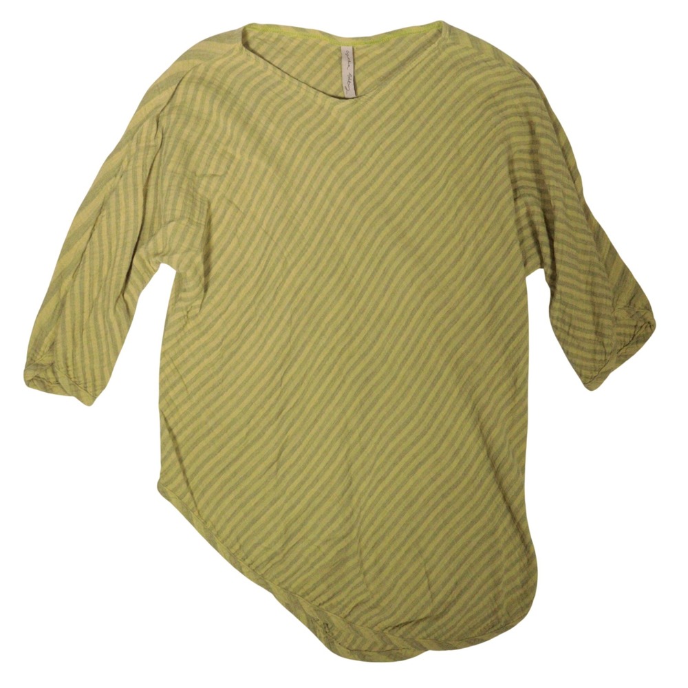 Cynthia Ashby Tunic Cotton Gauze Striped Asymmetrical Lagenlook Green Women 1